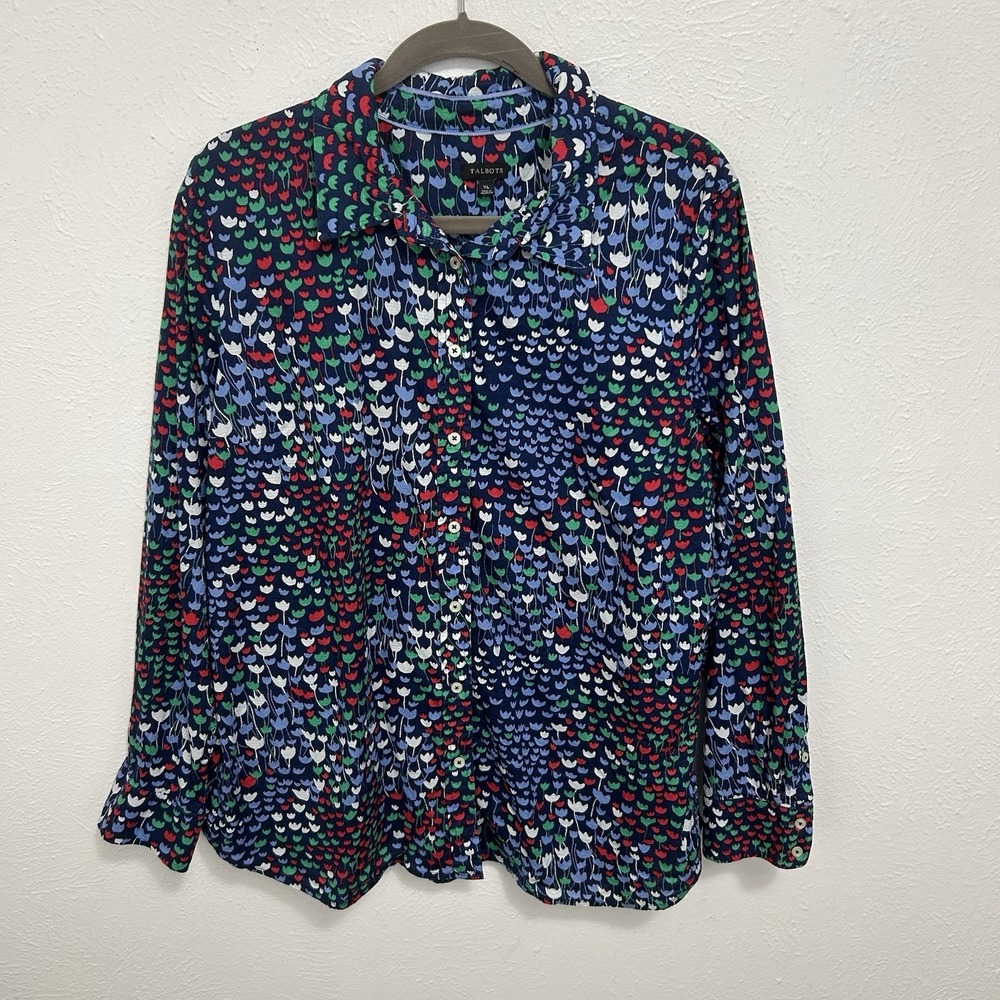 Talbots Blue Mixed Floral Button Front‎ Shirt Top Sz XL Cotton Wrinkle Resistant
